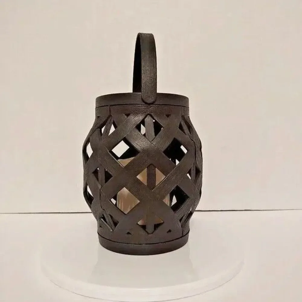 Decorative Tabletop LED Basket Weave Lantern Black Plastic Flameless Candle New